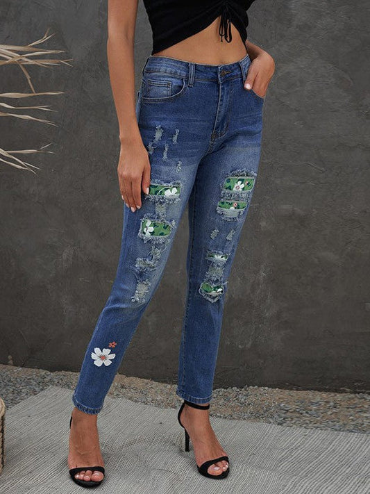 Women's High Waisted Plant Printed Ripped Denim Jeans with Ankle Length Casual Pants