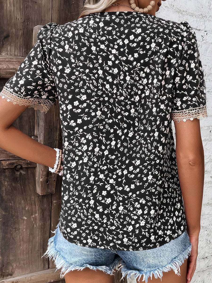 T-Shirts - Fashion Floral Print Lace Collar Short Sleeve T-Shirt - MsDressly