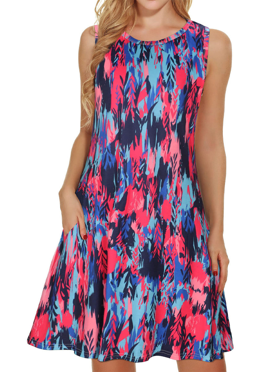 Comfortable Floral Print And Pockets Loose Fit Sleeveless Mini Dress - A-Line - Jewel
