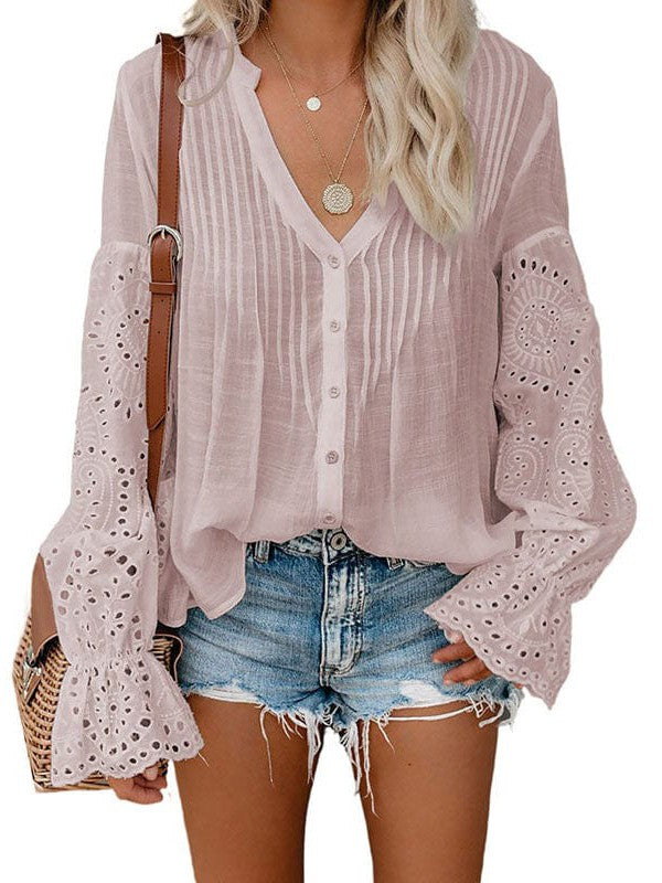 Women's Embroidered Buttoned Hollow Long-Sleeved Blouse with Ruffles