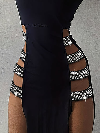 Maxi Dresses - Plain Sleeveless High Slit Studded Maxi Dress - MsDressly