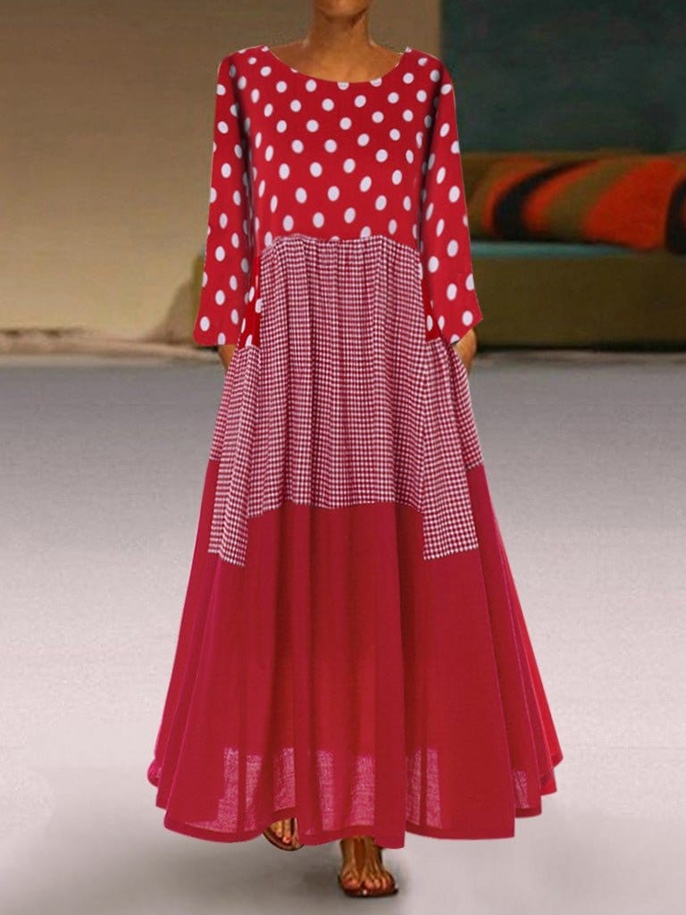 Polka Dot Long Sleeve Dress with Round Neck and Pockets