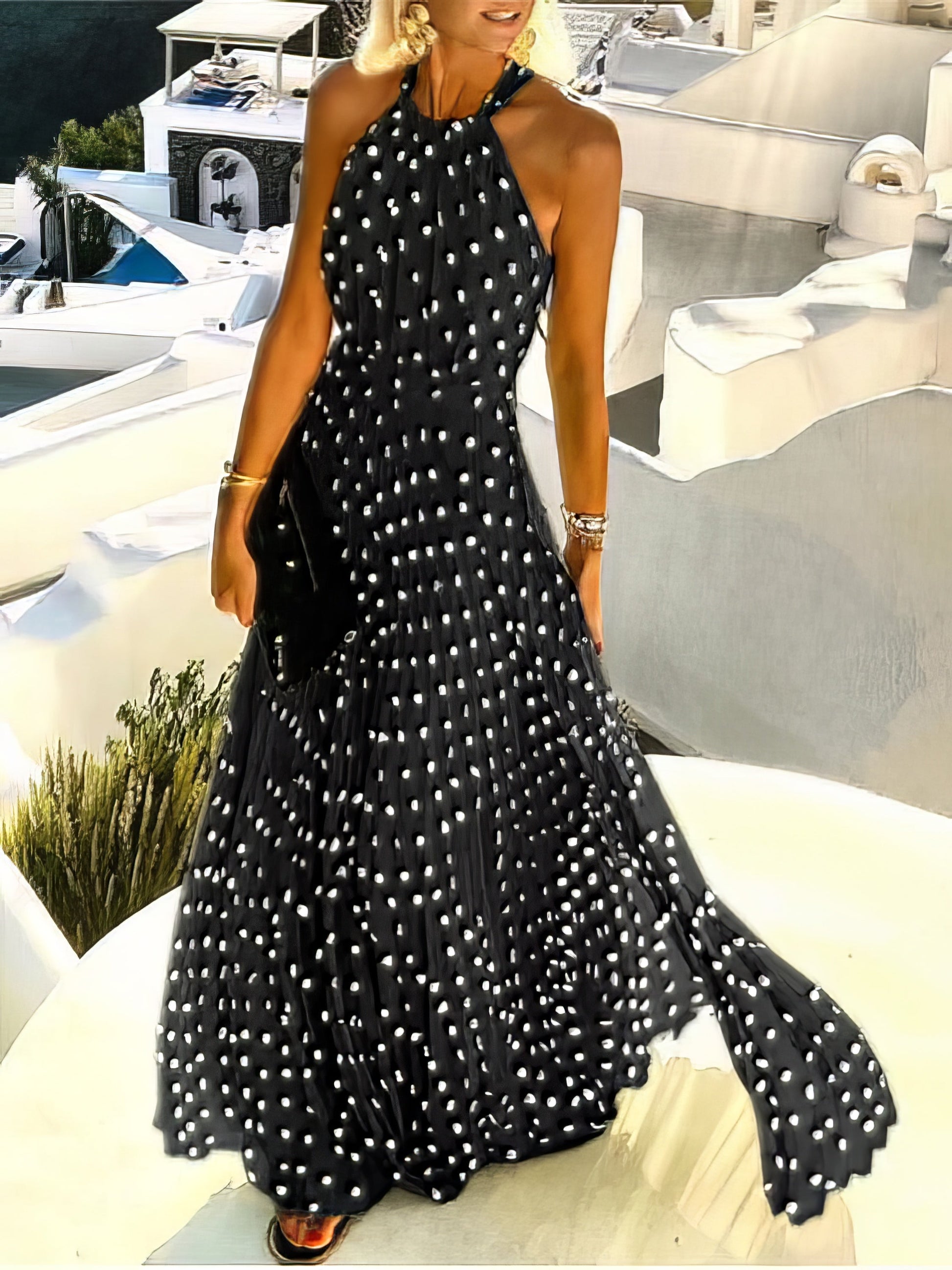 Maxi Dresses - Round Neck Sleeveless Polka Dot Print Dress - MsDressly