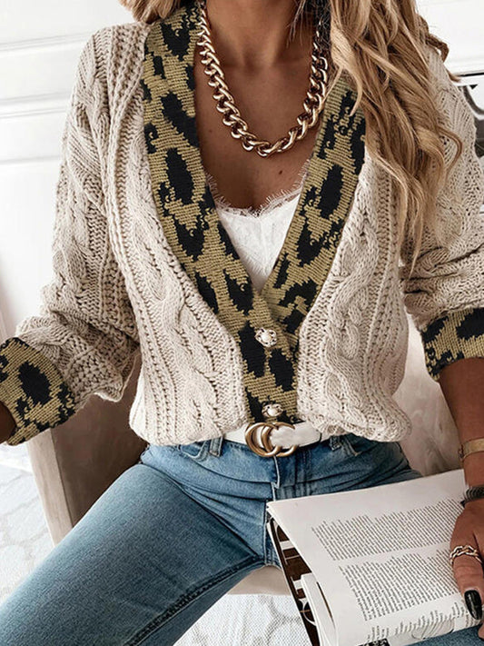 Sweaters Leopard Print Stitching Long Sleeve Cardigan Single-Breasted Sweater for Women