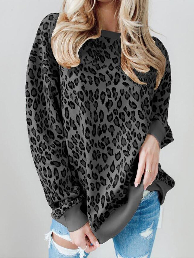 Loose Leopard Print Round Neck Long Sleeve T-Shirt