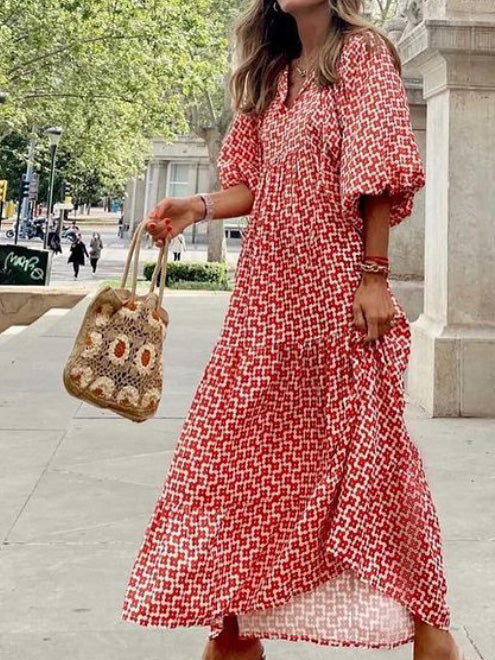 Dresses Geometric Print Puff Sleeve Maxi Dress for Women