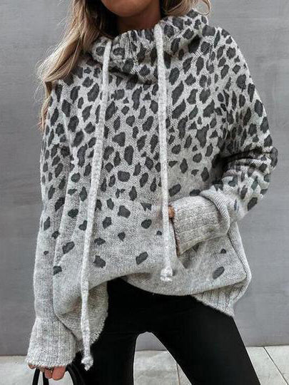 Sweaters Leopard Print Pocket Drawstring Sweater for Women