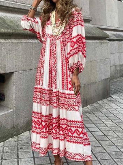 Women's Dresses Geometric Print Puff Sleeve Maxi Dress - LuckyFash™