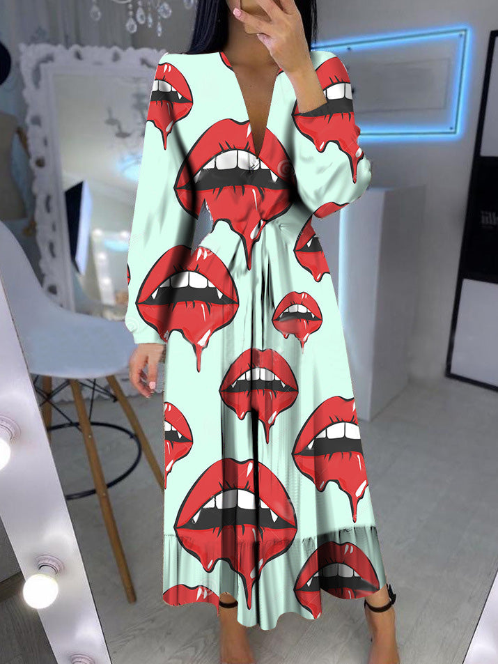 Women's Dresses Strawberry Lips Print V-Neck Long Sleeve Dress - LuckyFash™