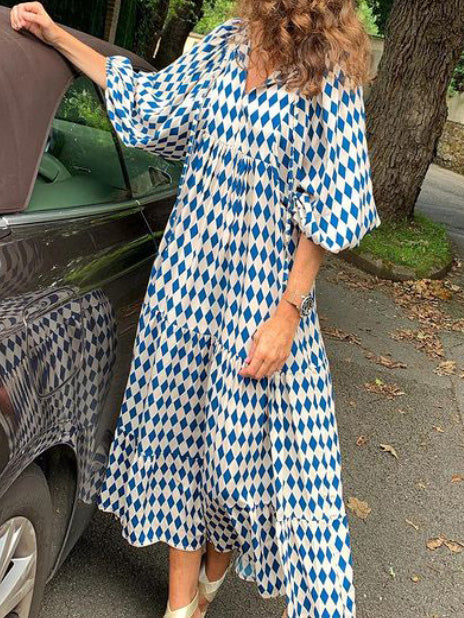 Dresses Geometric Print Puff Sleeve Maxi Dress for Women