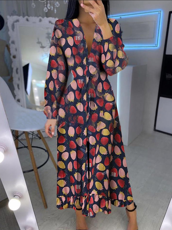 Women's Dresses Strawberry Lips Print V-Neck Long Sleeve Dress - LuckyFash™