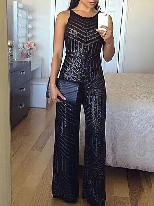 Sequin Embellished Sleeveless Wide-Leg Jumpsuit