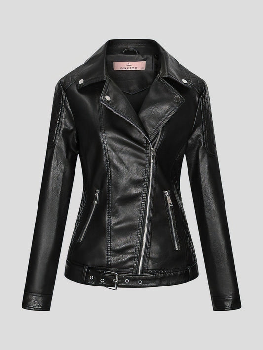 Sleek Zippered PU Leather Jacket with Lapel Collar