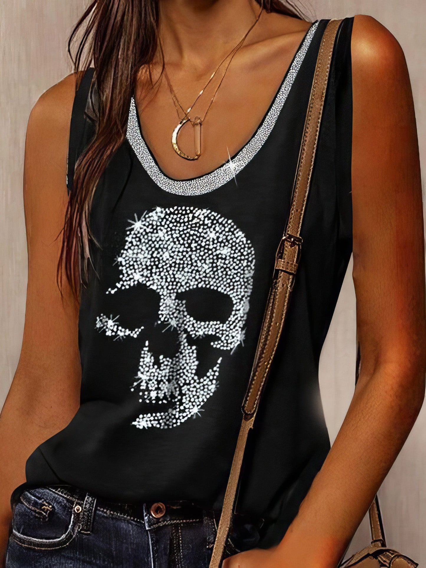 Sleeveless Loose Fit Skull Print Round Neck T-shirt