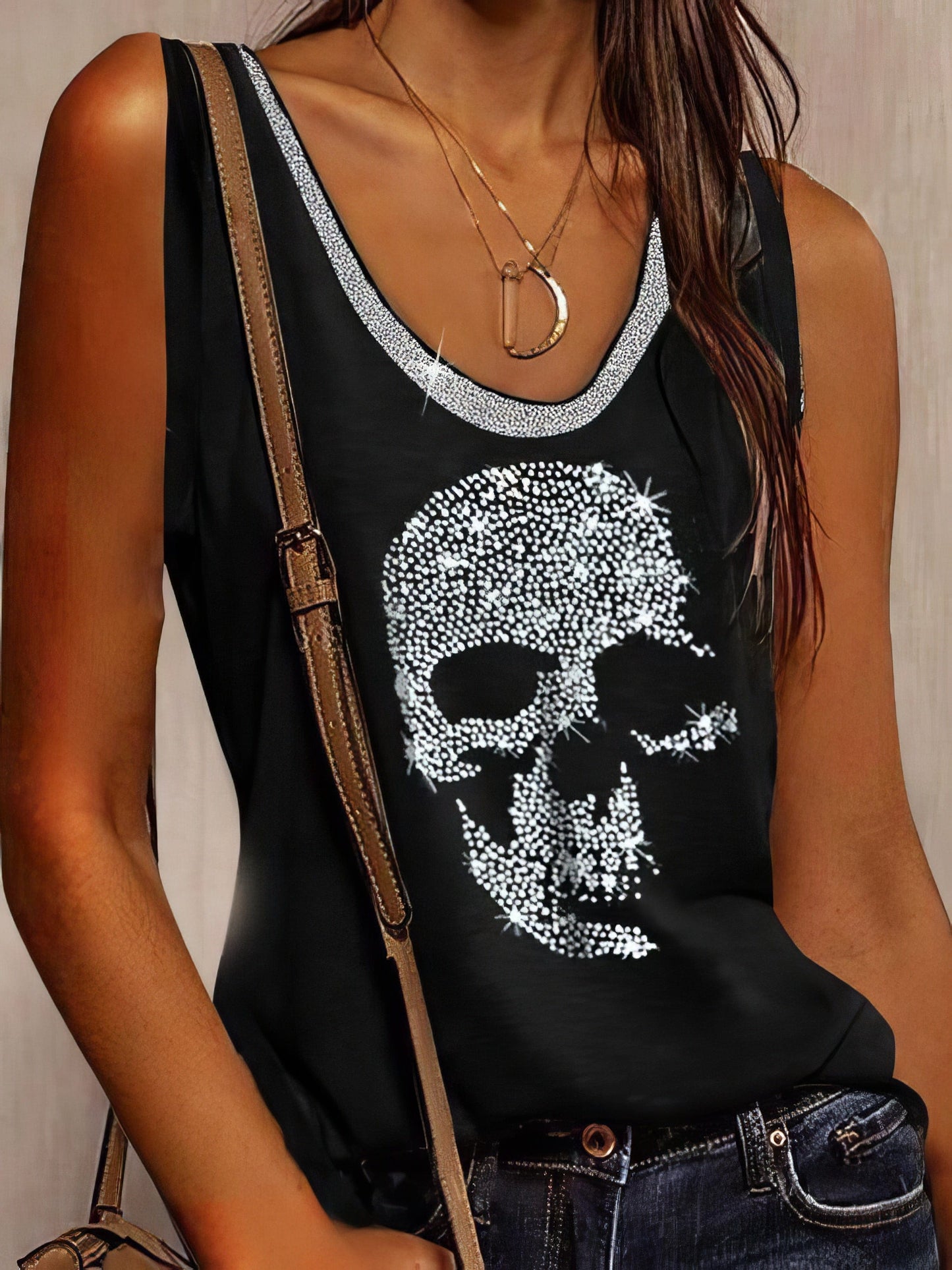 Sleeveless Loose Fit Skull Print Round Neck T-shirt