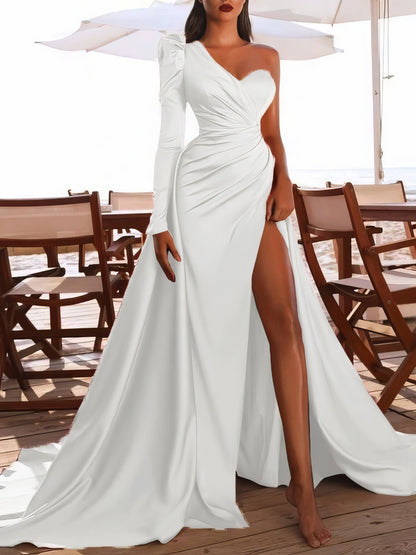 Stunning One Shoulder Long Sleeve Evening Gown with High Slit