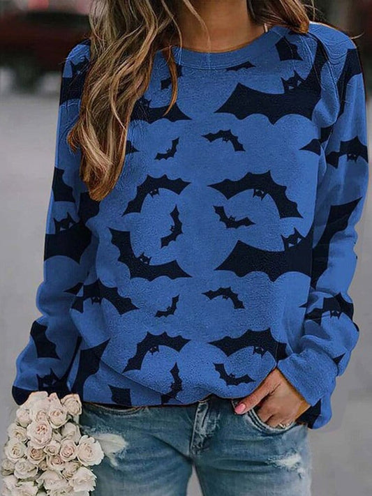 Stylish Bat Print Long Sleeve T-Shirt with Round Neck