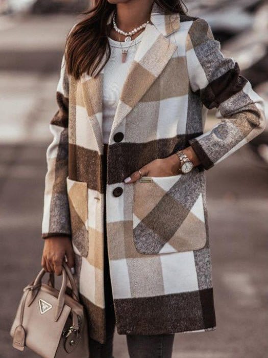 Stylish Loose Lapel Woolen Coat with Checkered Pockets