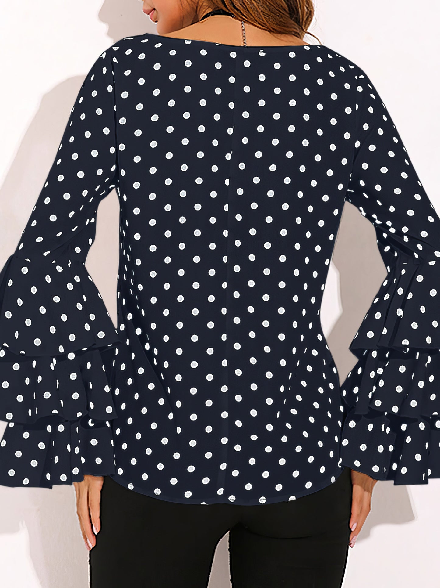 Blouses - Dot Print Flared Sleeve Chiffon Blouse - MsDressly