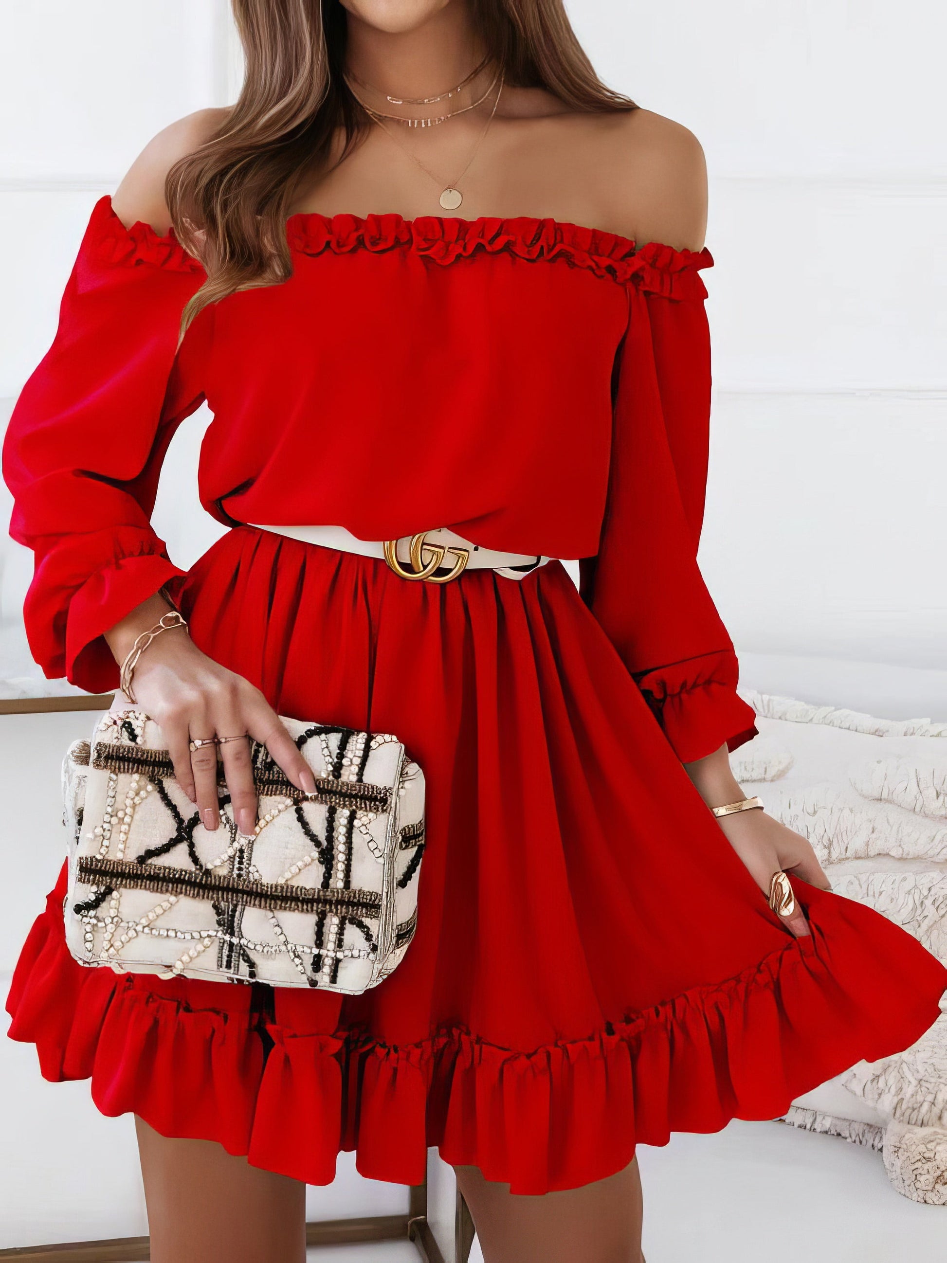 Mini Dresses - One-Shoulder Elastic Waist Long Sleeve Dress - MsDressly