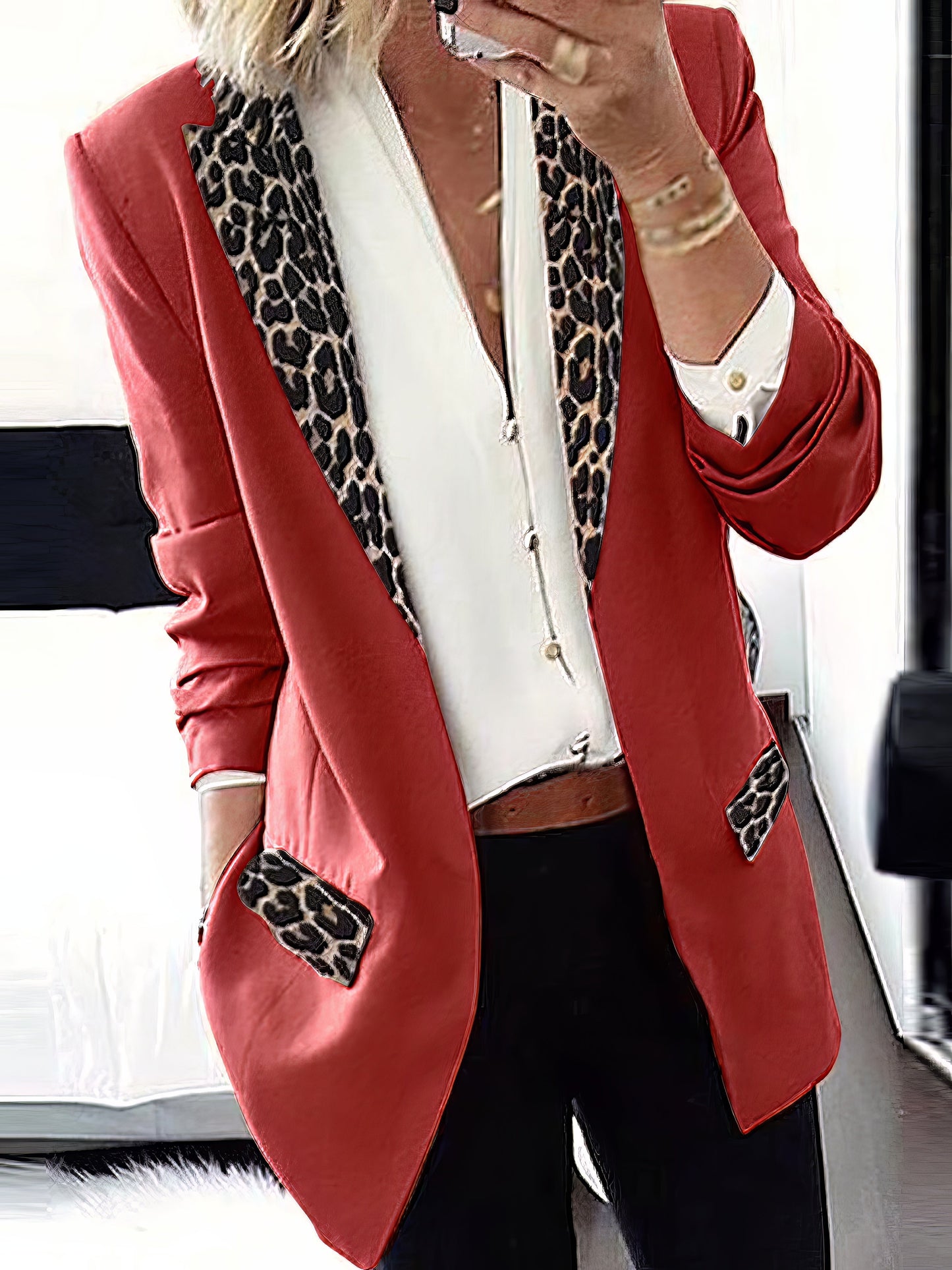 Blazers - Leopard Print Stitching Long Sleeve Blazer - MsDressly