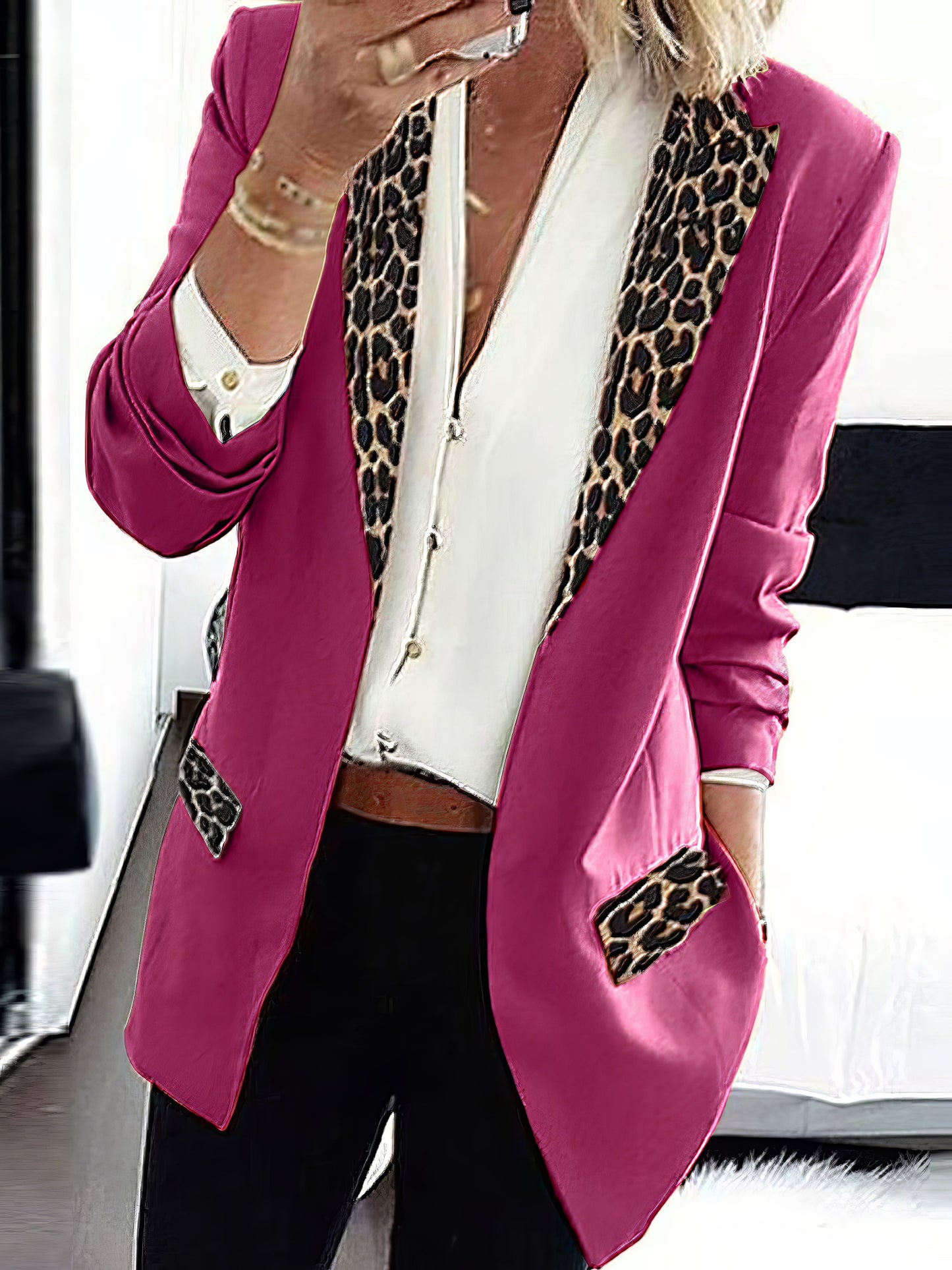 Leopard Print Stitching Long Sleeve Blazer