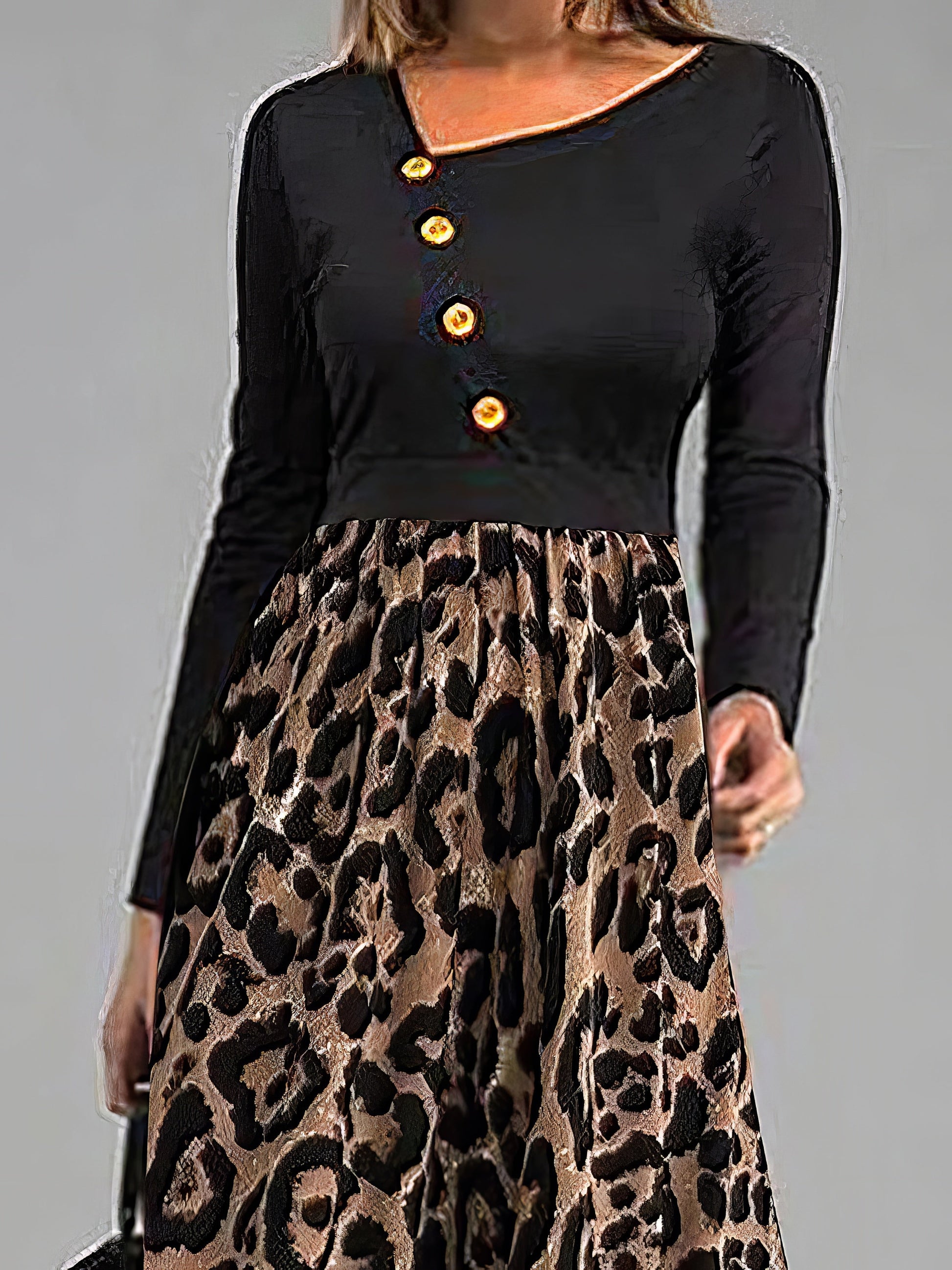 Maxi Dresses - Leopard Print Panel Button Long Sleeve Dress - MsDressly