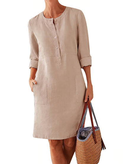 Cotton Linen Temperament Round Neck Long Sleeve Mini Dress