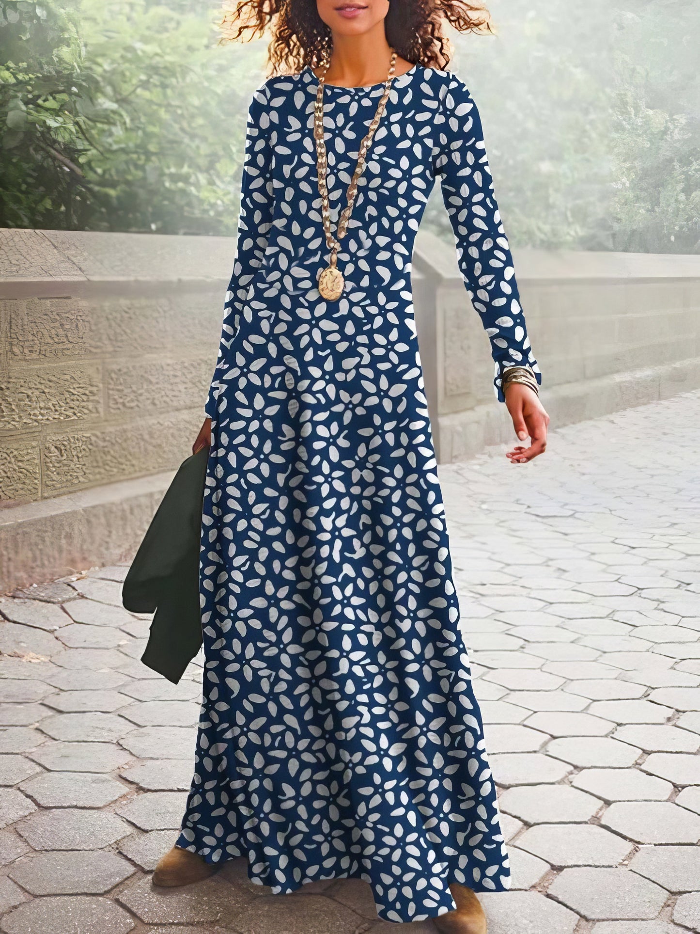 Maxi Dresses - Printed Crew Neck Long Sleeve Dress - MsDressly