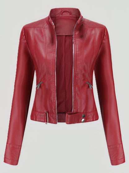 Jackets - Short Stand-Up Collar Zipped Leather Jacket - MsDressly