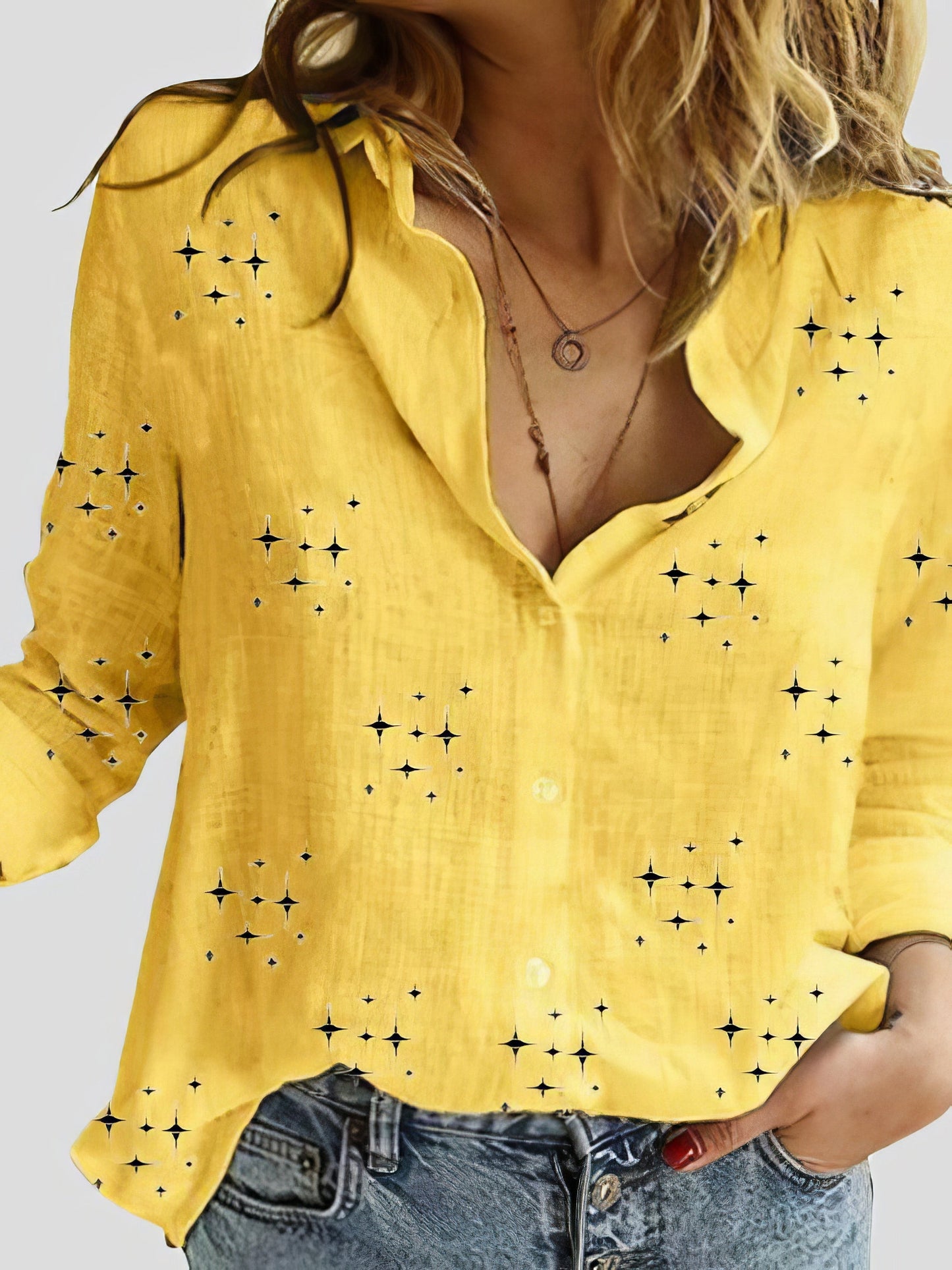 Star Print Button Long Sleeve Blouses