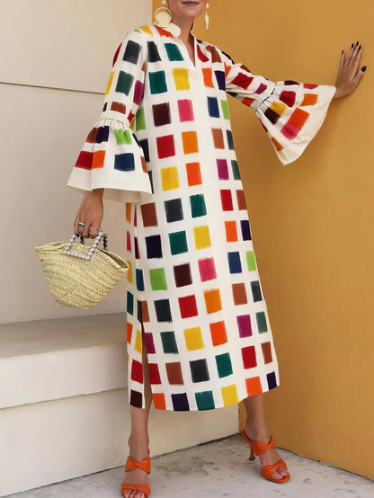 Maxi Dresses - Multicolor Plaid Flared Long Sleeve Dress - MsDressly