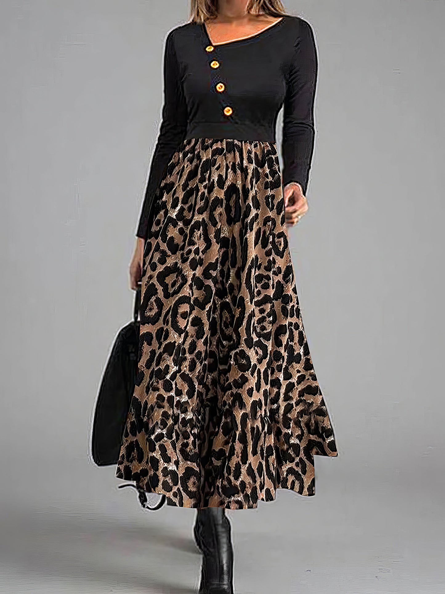 Maxi Dresses - Leopard Print Panel Button Long Sleeve Dress - MsDressly