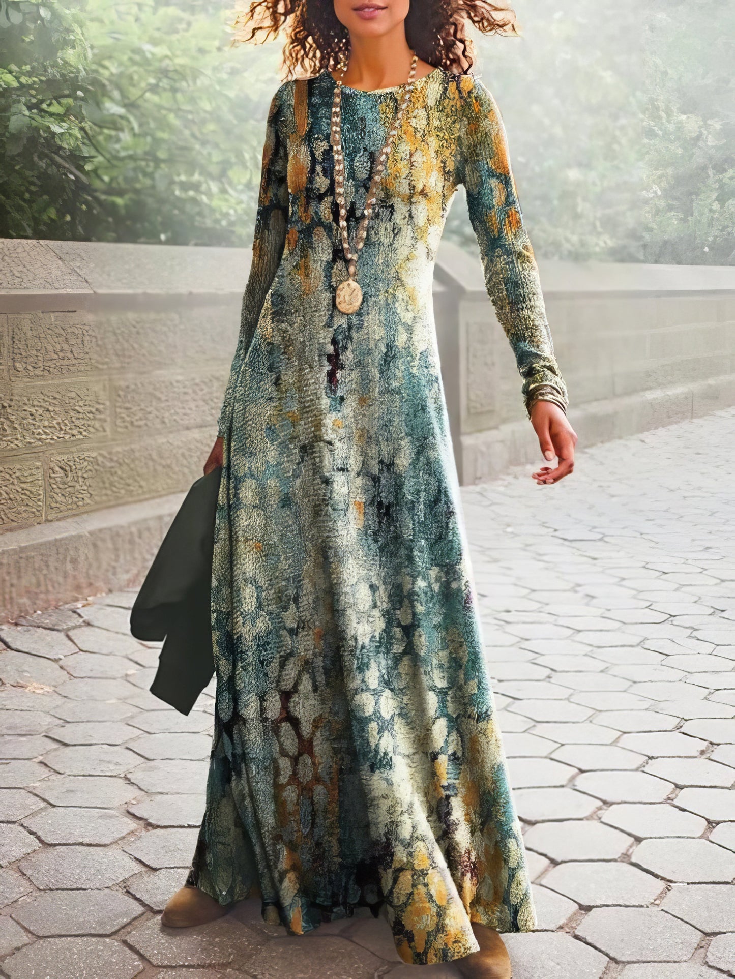 Maxi Dresses - Printed Crew Neck Long Sleeve Dress - MsDressly