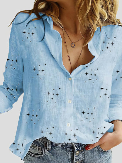 Star Print Button Long Sleeve Blouses