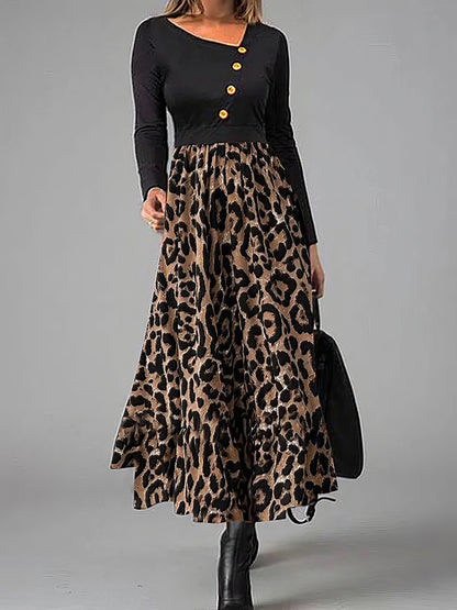 Maxi Dresses - Leopard Print Panel Button Long Sleeve Dress - MsDressly