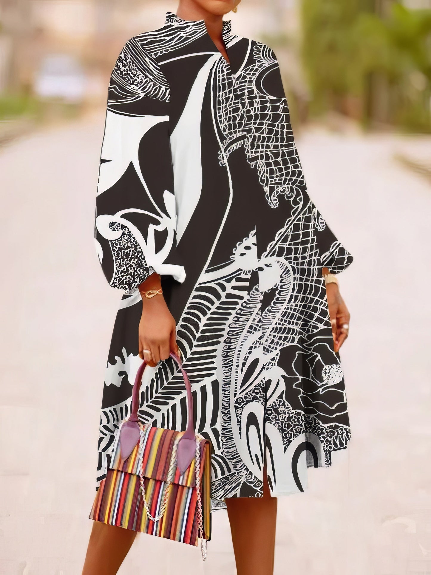 Loose Multicolor Printed Long Sleeve Dress