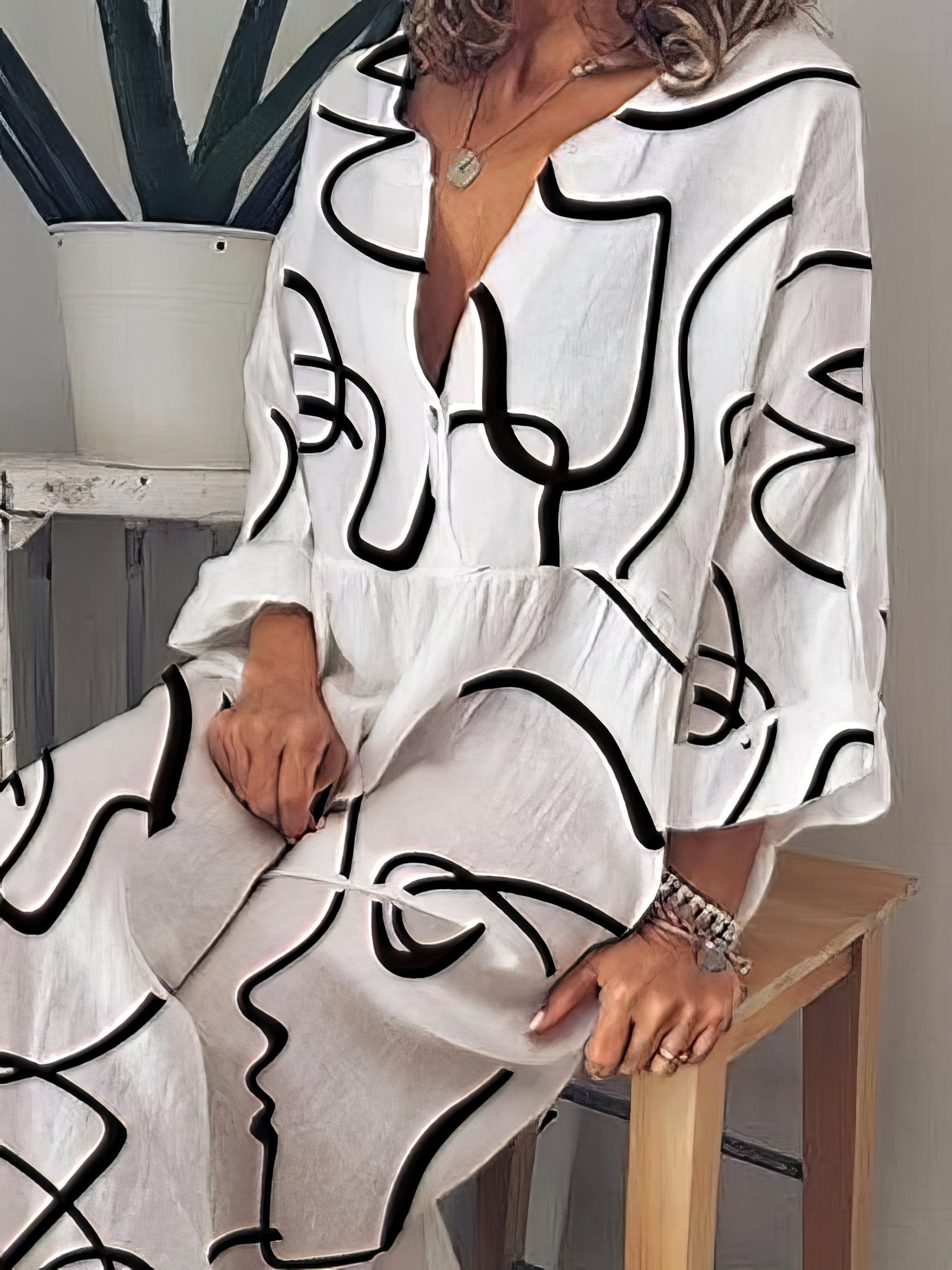 Maxi Dresses - Abstract Face Print V-Neck Long Sleeve Dress - MsDressly