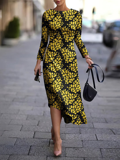 Printed Long Sleeve Irregular Dress