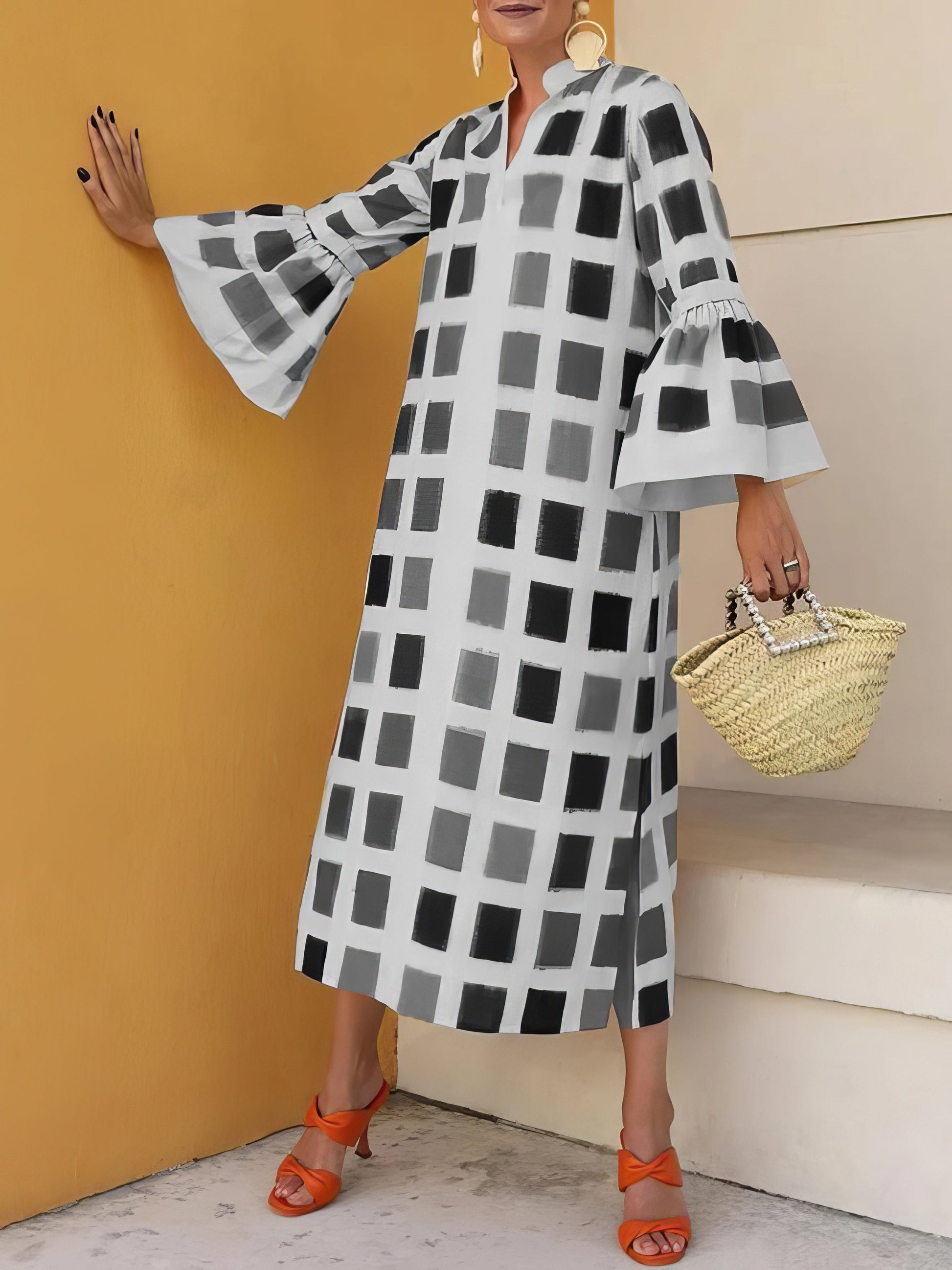 Maxi Dresses - Multicolor Plaid Flared Long Sleeve Dress - MsDressly