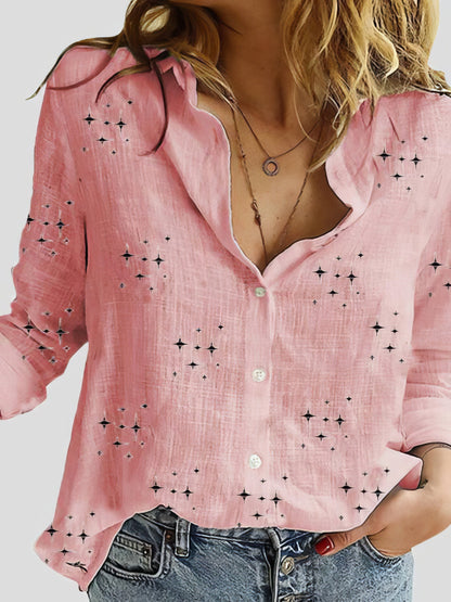 Star Print Button Long Sleeve Blouses