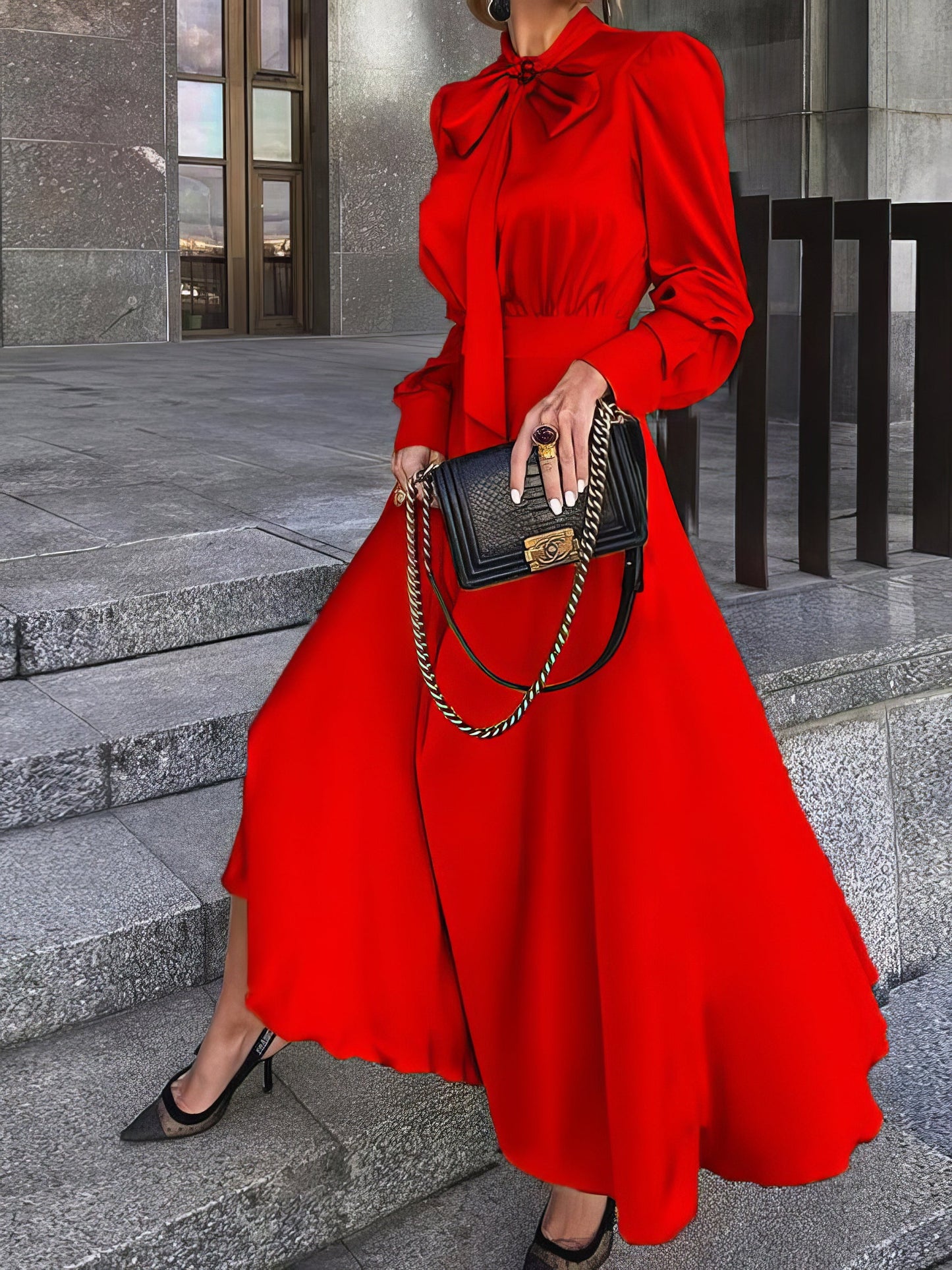 Maxi Dresses - Bowknot Long Sleeve Temperament Dress - MsDressly