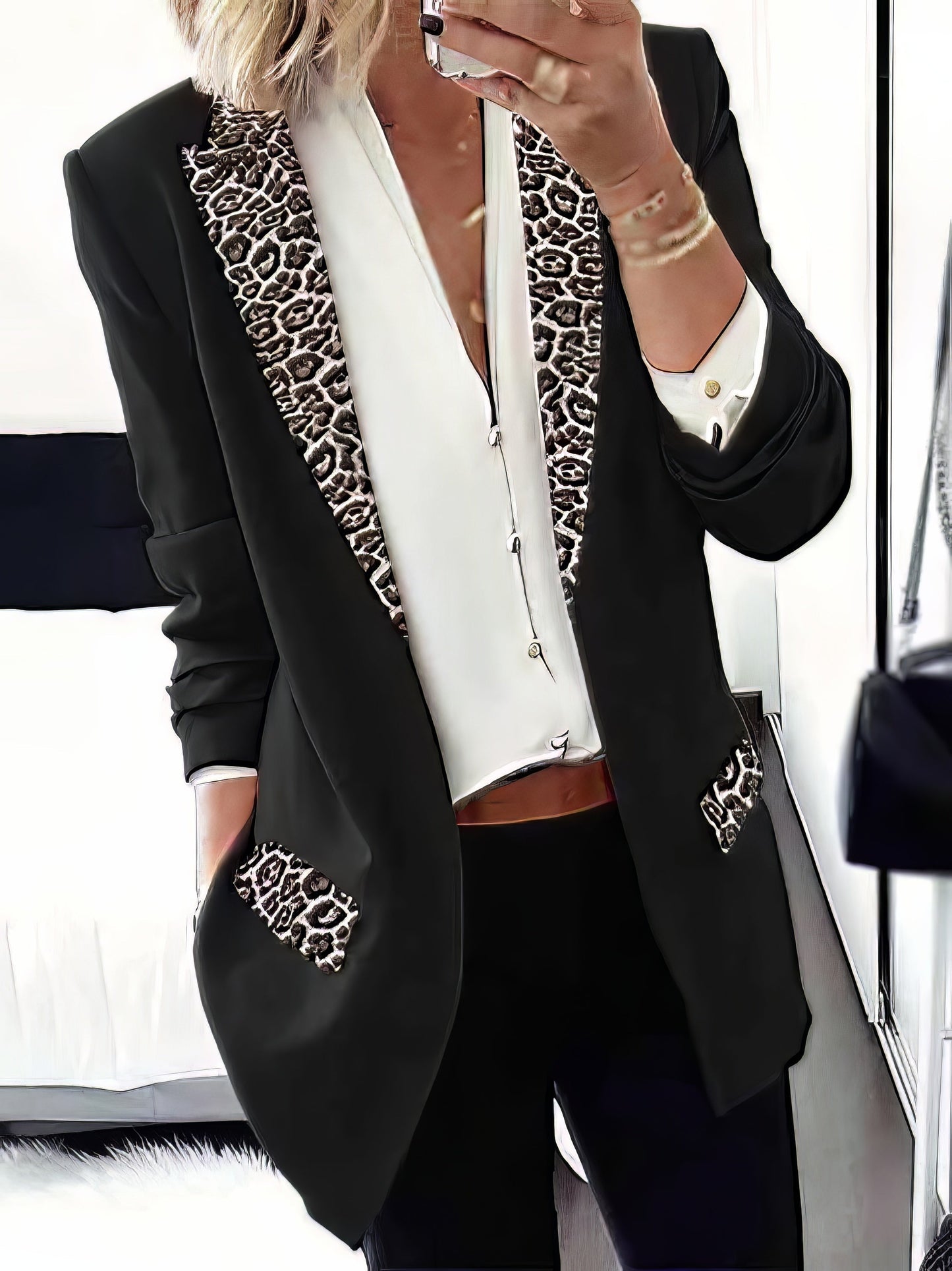 Leopard Print Stitching Long Sleeve Blazer