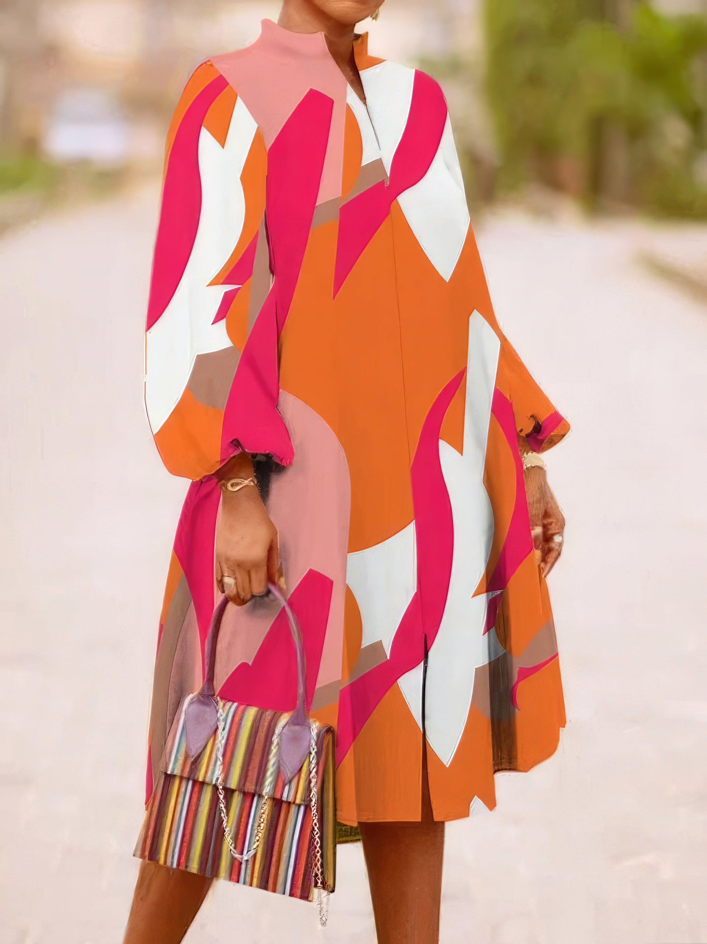 Loose Multicolor Printed Long Sleeve Dress