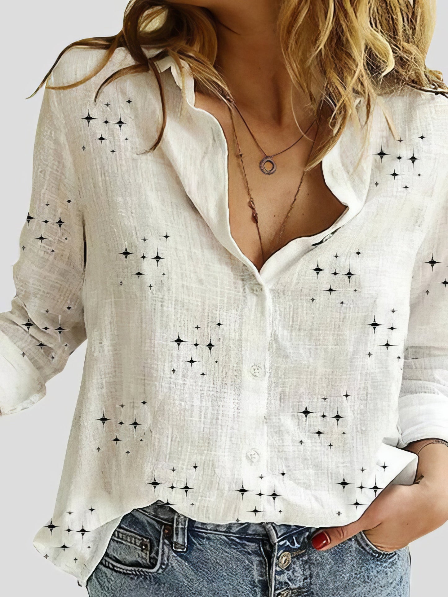 Blouses - Star Print Button Long Sleeve Blouses - MsDressly