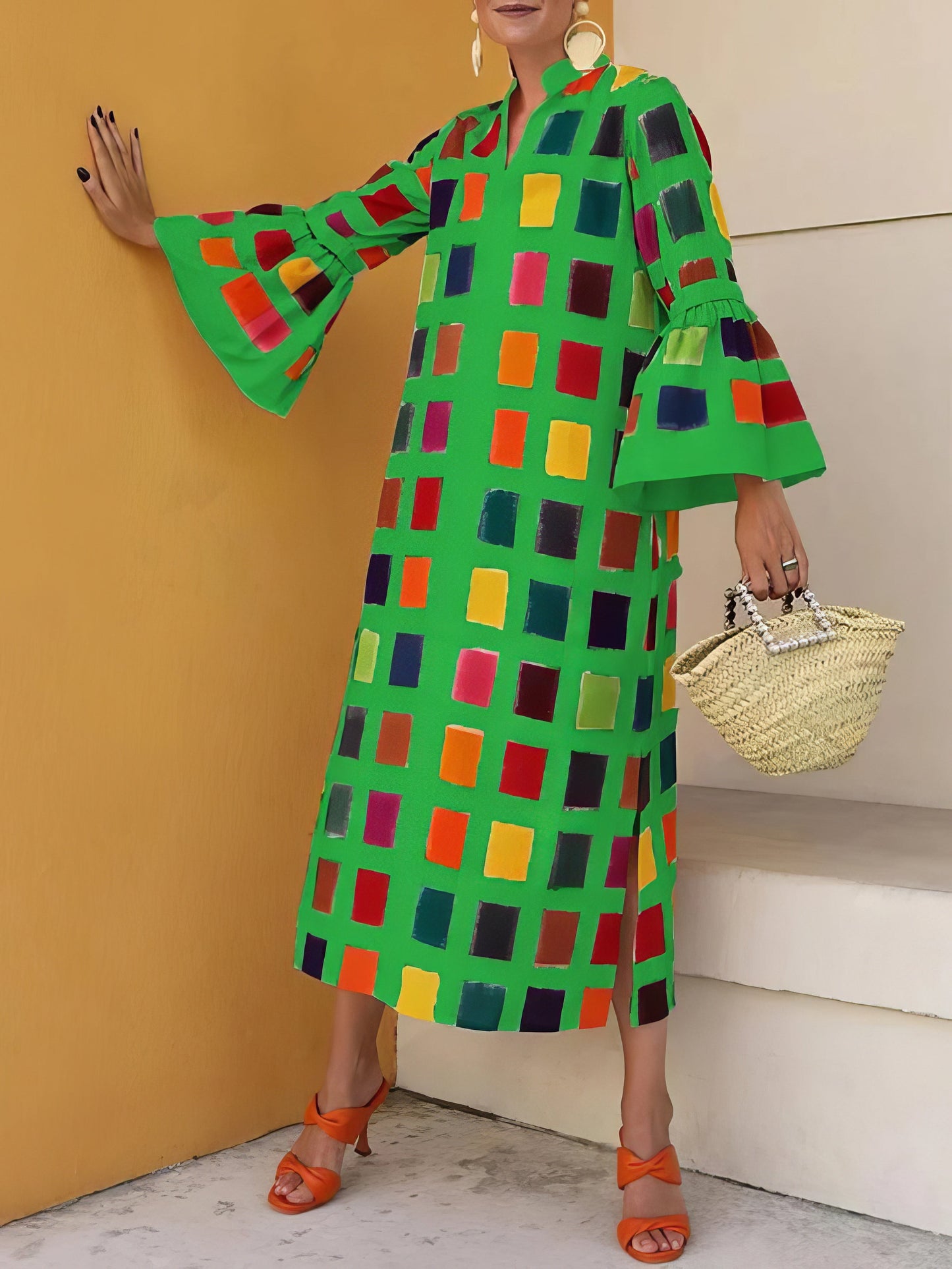 Multicolor Plaid Flared Long Sleeve Dress