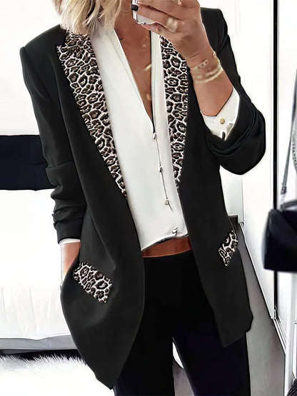 Blazers - Leopard Print Stitching Long Sleeve Blazer - MsDressly