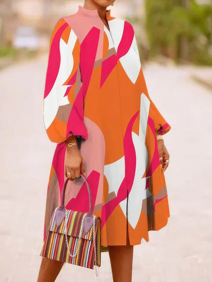 Maxi Dresses - Loose Multicolor Printed Long Sleeve Dress - MsDressly