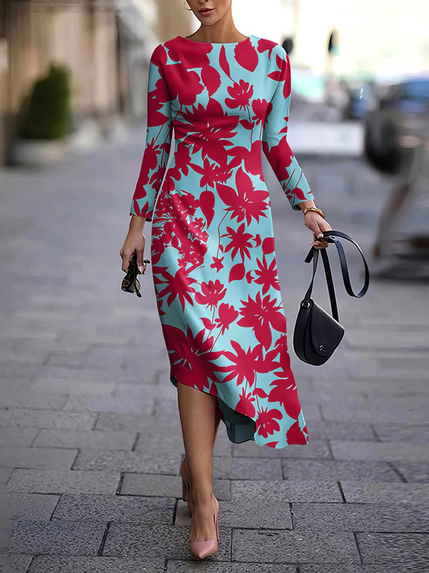 Maxi Dresses - Printed Long Sleeve Irregular Dress - MsDressly