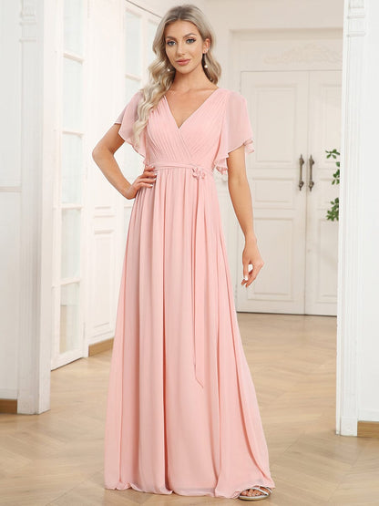 A-Line Bridesmaid Gown Featuring V-Neck and Ruffled Sleeves